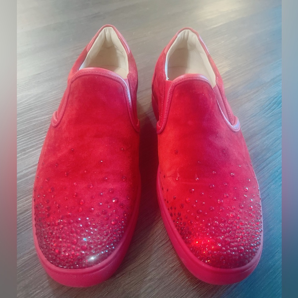Christian Louboutin Red Suede Slip-Ons with Red Crystal Accents Size 41.5